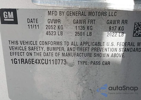 2012 Chevrolet Volt z USA, uszkodzony, nr VIN 1G1RA6E4XCU110773